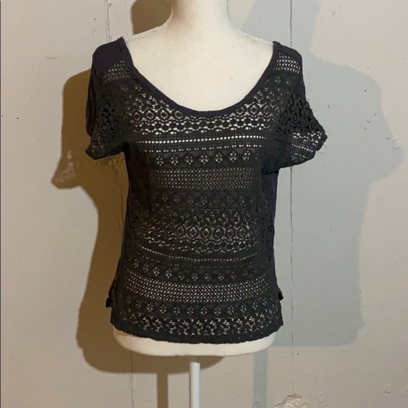 aerie Tops - Aerie Short Sleeve Wide Scoop Neck Eyelet Front Side Slits Gray Top Size XS